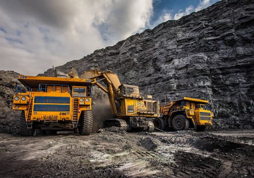 Mining site Coal production at one of the open fields in the south of Siberia. Dumpers "BelAZ". September 2015.